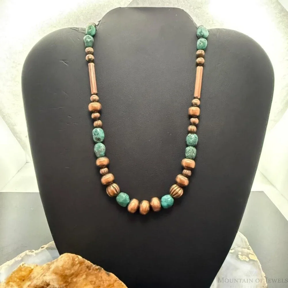 Southwestern Style 3-9.5mm Copper Navajo Pearl,Cylinder&Turquoise Beads Necklace